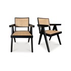Solid Elm Wood Dining Chairs With Rattan Seat And Back  Black  Set Of 2