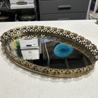 Vtg Oval Vanity Tray Gold Metal Filigree Mirror Hollywood Regency 13 5 X 8   