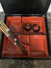 Bento Box With 2- Sets Of Chopsticks Red And Black Lacquer Nos