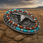 Men s Western Longhorn Belt Buckle Turquoise Color Brown Beaded Steer Skull Oval
