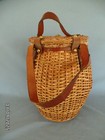 Vintage Wicker Barrel Style Sewing Basket 12  Tall Leather Handles Cloth Lined