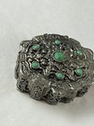 Vintage Pewter Hinged Pill Trinket Box Green Faceted Stones