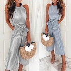 Women Casual Sleeveless Striped Jumpsuit Wide Leg Capri Romper Pants Cropped Ove