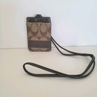 Coach Id Holder Window Card Case Wallet Lanyard Signature Brown Canvas Leather 