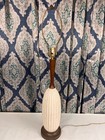 Vintage Danish Modern Wood   Textured White Pottery Table Lamp 1960s Mcm