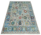 Hand Knotted Teal Blue Oushak Area Rug Colorful Turkish Wool Floral Design Rug