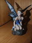 Seated Winged Fairy Figurine Statue  Blue Dress  Black Wings  Rock Base