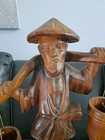 Asian Male Carrying Water Vintage Hand Carved Wood Sculpture Large 21    Antique