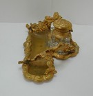 Antique Art Nouveau Stamped Brass   Hinged Glass Inkwell W   Pen Holder Floral