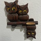 Three Carved   Burnt Wooden Owls On A Perch Wall Felt Eyes Hanging Home Decor  
