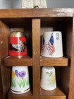 Collectible Vtg Sewing Thimbles Lot W  Wooden Wall Display Rack 7  X 3 