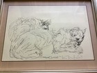 Superb Contemporary Modern Framed Scribble Sketch Drawing Of 2 Cats Signed