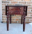 Early Antique Mahogany 2 Drawer Drop Leaf Side Card Table W  Rope Twist Legs