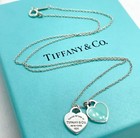 Tiffany   Co  Blue Mini Double Heart Tag Pendant Necklace 16  W  Pouch