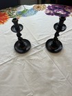Antique Set Of Two Beautiful 10  English Dark Oak Wood Barley Twist Candlesticks
