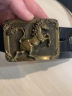 Vintage 1981 Euc Baron Solid Brass Unicorn Rearing 3 buckle W leather Belt 37 