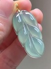 18k Yellow Gold Translucent Icy Green Leaf Jadeite Natural Jade Pendant 0501