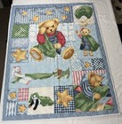 Vtg Blue Jean Teddy Bear Baby Blanket Nursery Crib Quilt Handmade 33 x43 