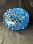 Vintage Fenton Art Glass Blue Floral Powder Jar   Trinket Box With Lid     