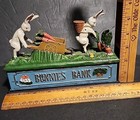 Vintage Mechanical Cast Iron Bunnies Bank Easter Rabbit Coin Bank Functional