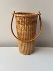 Vintage Nantucket Basket Tall  Flat Back W wood Swing Handle For Flowers