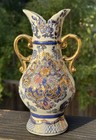 Vintage Floral Chinese Blue White   Gold Tone Flower Vase  China H 8 25   