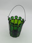 Vintage Rare Handmade Green Stained Glass Basket Votive Candle Holder Cabochons