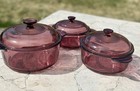 Set 3 Vintage Visions Corningware Pyrex Cranberry Glass Casserole Cookware Lids