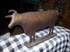 Primitive Metal Farm Steer With Cast Iron Base-24  By 14  Tall  Very Neat Piece 