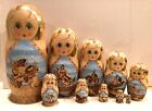 Vtg  Russian Matryoshka 10 Nest  Doll russian Fairytales  Wood Burned Gold 1993