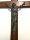 Antique Wood Metal Wall Crucifix 20  Large Inri Walnut Beveled Cross 1920s