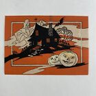 Vintage Halloween Invitation Greeting Card Haunted House Jack O Lantern Bat Cat