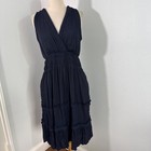 Whbm Midi Dress Womens S Petite Navy Pleated Surplice Tiered Minimalist