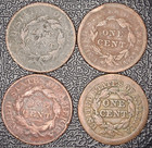 Lot Of 4 Large Cents 1854  1828  1838   1817  Coronet Head braided Hair Cents