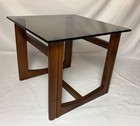 Vintage Mid Century Modern Solid Wood Side End Table Smoked Glass Top 18 x18 