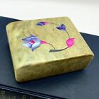Soapstone Trinket Jewelry Hinged Box Inlaid Mother Of Pearl Pink Blue 4  Vintage