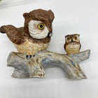 Vintage Horned Owl Ceramic Figurine  Handpainted Mom And Baby Owl On Tree Branch