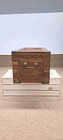 Vintage Hung Hop Chinese Carved Camphor Wood Chest Trunk Table Brass Corners 