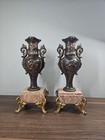 Pair Of Antique French Neoclassical Gialla Rosa Marble   Spelter Mantle Urn