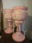 Pair Antique Bohemian Mantle Lusters Pink Glass With Crystals