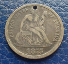 1875 Seated Liberty Dime - Engraved Love Token   J H B   - Holed Silver Coin -