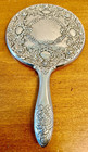 Vintage Vanity Handheld Makeup Mirror Ornate Heavy Silver Plated Floral Design
