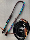 Beaded Stitched Brown Leather Western Headstall   Black Gamining Rope Reins 8  L