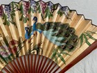 Vintage Asian Hand Painted Folding Fan Large Wood   Paper Wall Fan Peacocks Exc