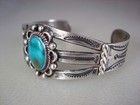 Fab Old Navajo Hand Stamped Sterling Silver   Blue Gem Turquoise Bracelet