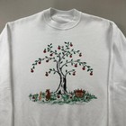 Vintage Nature Art Sweatshirt Mens Medium White Dog Cat Apple Tree Grandma 90s