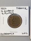 1950  France 20 Francs Coin Brilliant Uncirculated 4 Plumes   g Guiraud 