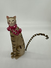 Folk Art Striped Tabby Cat Figurine 5 9  Pink Bow Spring Metal Tail
