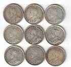 9 X Canada Ten Cents Dimes King George V Sterling Silver Coins 1911 - 1919
