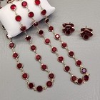 Glass Beaded Necklace Pierced Earrings Set Red Open Bezel 35 